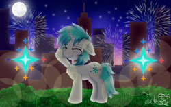 Size: 2500x1561 | Tagged: safe, artist:jadebreeze115, imported from derpibooru, oc, oc only, oc:winter light, earth pony, pony, unicorn, blushing, city, cityscape, cute, cutie mark, eyes closed, fireworks, gift art, grass, grass field, grin, happy, male, night, shading, smiling, solo, stallion, sunset