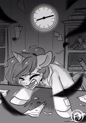 Size: 1535x2185 | Tagged: safe, artist:colorfulcolor233, imported from derpibooru, pony, unicorn, clock, clothes, crying, fanfic art, monochrome