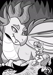 Size: 1535x2185 | Tagged: safe, artist:colorfulcolor233, imported from derpibooru, dragon, pony, unicorn, fanfic art, monochrome