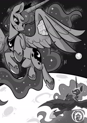 Size: 1535x2185 | Tagged: safe, artist:colorfulcolor233, imported from derpibooru, nightmare moon, princess luna, alicorn, pony, fanfic art, monochrome, moon