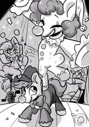 Size: 1535x2185 | Tagged: safe, artist:colorfulcolor233, imported from derpibooru, earth pony, pony, bowtie, clown, fanfic art, food, monochrome, pie, pie in the face, standing, standing on one leg, unicycle
