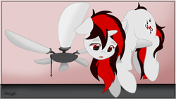 Size: 1502x846 | Tagged: safe, artist:starlight, imported from derpibooru, oc, oc:blackjack, pony, unicorn, fallout equestria, fallout equestria: project horizons, ceiling fan, fanfic art, female, inside joke, mare, solo, wat