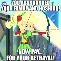 Size: 500x500 | Tagged: safe, edit, edited screencap, imported from derpibooru, screencap, applejack, equestria girls, friendship games, alternate hairstyle, arrow, bow (weapon), bow and arrow, caption, fire emblem, fire emblem fates, image macro, impact font, solo, text, weapon