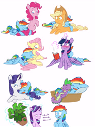 Size: 6273x8400 | Tagged: safe, artist:chub-wub, imported from derpibooru, applejack, fluttershy, phyllis, pinkie pie, rainbow dash, rarity, spike, starlight glimmer, twilight sparkle, alicorn, dragon, earth pony, pegasus, pony, unicorn, appledash, applejack's hat, biting, blanket, blushing, book, cowboy hat, dirt, eyeshadow, female, flustered, flutterdash, freckles, glowing horn, hat, horn, lesbian, levitation, lying down, magic, makeup, male, mane six, mare, missing cutie mark, nom, open mouth, pillow, pinkiedash, plant, plant pot, pony pillow, prone, rainbowspike, raised hoof, raridash, reading, shipping, simple background, sleeping, starlight is not amused, straight, tail bite, telekinesis, twidash, twilight sparkle (alicorn), unamused, white background