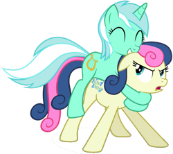 Size: 653x581 | Tagged: artist needed, safe, imported from derpibooru, bon bon, lyra heartstrings, sweetie drops, earth pony, pony, unicorn, bon bon is not sure what to think, eyes closed, female, lesbian, lyra riding bon bon, lyrabon, ponies riding ponies, riding, shipping, simple background, smiling, transparent background, vector