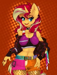 Size: 777x1024 | Tagged: safe, artist:siripim111, imported from derpibooru, sunset shimmer, anthro, unicorn, equestria girls, belly button, breasts, busty sunset shimmer, choker, cleavage, ear fluff, female, hand on hip, jewelry, open mouth, ring, solo, solo female, spiked choker