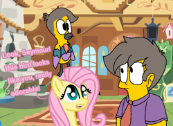 Size: 768x558 | Tagged: safe, imported from derpibooru, fluttershy, bird, human, pegasus, fluttermour, my little pony, seymour skinner, the simpsons
