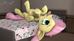 Size: 2560x1440 | Tagged: safe, artist:cosmicoceanssfm, imported from derpibooru, fluttershy, pegasus, pony, 3d, abdominal bulge, bed, belly, chubby, cookie, cute, female, food, mare, shyabetes, solo, source filmmaker, stuffed, upside down
