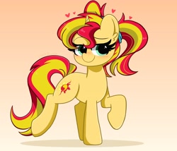 Size: 4096x3509 | Tagged: safe, artist:kittyrosie, imported from derpibooru, sunset shimmer, pony, unicorn, alternate hairstyle, blushing, commission, cute, female, floating heart, gradient background, heart, high res, lidded eyes, mare, pigtails, raised hoof, raised leg, shimmerbetes, solo, twintails