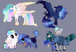 Size: 1024x700 | Tagged: safe, artist:loryska, imported from derpibooru, princess celestia, princess luna, star swirl the bearded, stygian, alicorn, pegasus, pony, unicorn, alternate universe, beard, facial hair, pegasus celestia, race swap, unicorn luna