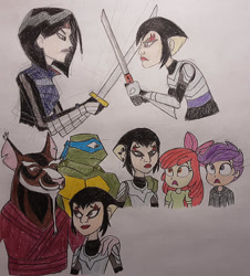 Size: 900x997 | Tagged: safe, artist:jebens1, imported from derpibooru, apple bloom, scootaloo, anthro, human, rat, turtle, equestria girls, crossover, female, karai, leonardo, male, master splinter, surprised, sword fight, teenage mutant ninja turtles, traditional art