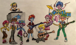 Size: 1024x612 | Tagged: safe, artist:bozzerkazooers, imported from derpibooru, ace, clover (g1), dj pon-3, half note (g1), lancer, melody, patch (g1), sweet notes, sweetheart, vinyl scratch, equestria girls, my little pony tales, acoustic guitar, backup singers, band, bass guitar, drums, electric guitar, equestria girls-ified, g1, guitar, keytar, logan barrington, musical instrument, rockin' beats, singing, tambourine, turntable