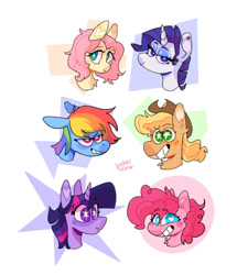 Size: 640x743 | Tagged: safe, artist:bokkitoki, imported from derpibooru, applejack, fluttershy, pinkie pie, rainbow dash, rarity, twilight sparkle, earth pony, pegasus, pony, unicorn, cowboy hat, female, grin, hat, heart eyes, looking at you, mane six, mare, simple background, smiling, starry eyes, white background, wingding eyes