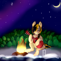 Size: 4000x4000 | Tagged: safe, artist:lightningchaserarts, imported from derpibooru, oc, oc:lightning chaser, earth pony, pegasus, pony, 30 minute art challenge, 30 minute art challenge finished after, beach, bliss, fire, minimalist, modern art, musical instrument, shore, simple background, solo, ukulele