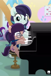 Size: 2000x2947 | Tagged: safe, artist:jhayarr23, imported from derpibooru, coloratura, oc, oc:lavender adagio, earth pony, pony, female, filly, glasses, lesson, musical instrument, piano