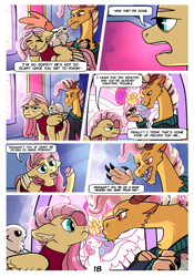 Size: 2100x3000 | Tagged: safe, artist:loryska, imported from derpibooru, angel bunny, fluttershy, princess flurry heart, oc, oc:larkspur, hybrid, pegasus, pony, comic:friendship grows, angry, clothes, eye contact, fangs, female, fluttershy is not amused, interspecies offspring, jacket, looking at each other, male, mother and child, mother and son, offspring, older, parent:discord, parent:fluttershy, parents:discoshy, scolding, stained glass, unamused