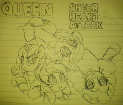 Size: 2954x2522 | Tagged: safe, imported from derpibooru, applejack, pinkie pie, rainbow dash, rarity, pony, album cover, alternate hairstyle, brian may, drawing, freddie mercury, jewelry, john deacon, lined paper, movie accurate, necklace, photo, polo shirt, queen (band), roger taylor, sheer heart attack, traditional art