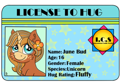 Size: 2600x1800 | Tagged: safe, artist:dawn-designs-art, imported from derpibooru, oc, oc:june bud, pony, unicorn, blue eyes, brown coat, coat markings, female, filly, flower, fluffy, hug, license, license to hug, solo