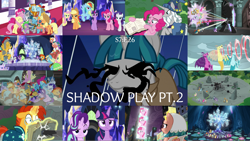 Size: 1966x1107 | Tagged: safe, edit, edited screencap, editor:quoterific, imported from derpibooru, screencap, adagio dazzle, applejack, aria blaze, flash magnus, fluttershy, meadowbrook, mistmane, pinkie pie, pony of shadows, rainbow dash, rarity, rockhoof, somnambula, sonata dusk, star swirl the bearded, starlight glimmer, stygian, sunburst, tree of harmony, twilight sparkle, alicorn, earth pony, pegasus, pony, unicorn, shadow play, book, element of generosity, element of honesty, element of kindness, element of laughter, element of loyalty, element of magic, elements of harmony, glowing horn, horn, laser, magic, magic aura, mane six, open mouth, pillars of equestria, starlight is not amused, the dazzlings, twilight sparkle (alicorn), unamused