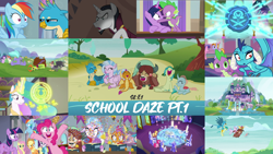 Size: 1974x1111 | Tagged: safe, edit, edited screencap, editor:quoterific, imported from derpibooru, screencap, applejack, chancellor neighsay, fluttershy, gallus, grampa gruff, ocellus, pinkie pie, prince rutherford, princess celestia, princess ember, rainbow dash, rainbow stars, rarity, sandbar, seaspray, silverstream, smolder, spike, starlight glimmer, thorax, twilight sparkle, yona, alicorn, changeling, dragon, earth pony, griffon, hippogriff, pegasus, pony, unicorn, yak, school daze, angry, book, dragoness, eyes closed, female, glowing horn, horn, magic, magic aura, mane six, open mouth, school of friendship, student six, twilight sparkle (alicorn)