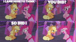 Size: 2000x1125 | Tagged: safe, edit, edited screencap, editor:quoterific, imported from derpibooru, screencap, applejack, pinkie pie, earth pony, pony, hearthbreakers, applejack's hat, cowboy hat, duo, female, floppy ears, hat, nervous laugh, open mouth