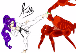Size: 2600x1800 | Tagged: safe, artist:kulkry, imported from derpibooru, rarity, crab, giant crab, human, humanized, karate, rarity fighting a giant crab, simple background, white background