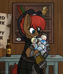 Size: 1830x2150 | Tagged: safe, artist:buy_some_apples, imported from derpibooru, applejack, oc, oc only, earth pony, fallout equestria, bottle, bottlecap, cyrillic, female, hat, mare, poster, propaganda poster, snow globe, snowballs, table
