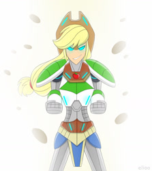 Size: 1280x1436 | Tagged: safe, artist:elioo, imported from derpibooru, applejack, equestria girls, clenched fist, crossover, cybertronian, equestria bots, floating rocks, glowing eyes, simple background, smiling, species swap, transformerfied, transformers, transformers prime, transformers robots in disguise (2015), white background