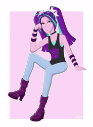Size: 1280x1742 | Tagged: safe, artist:elioo, imported from derpibooru, aria blaze, equestria girls, bored, clothes, crossover, decepticon, leaning, sitting, symbol, tanktop, transformers