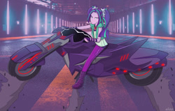 Size: 1193x757 | Tagged: safe, artist:elioo, imported from derpibooru, aria blaze, equestria girls, akira, anime reference, crossover, decepticon, determined, drifting, equestria bots, fracture (decepticon), motorcycle, reference, road, transformers, transformers robots in disguise (2015)