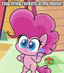 Size: 941x1080 | Tagged: safe, edit, edited screencap, imported from derpibooru, screencap, pinkie pie, earth pony, pony, my little pony: pony life, pinkie pie: hyper-helper, spoiler:pony life s01e06, bipedal, caption, cellphone, cropped, cutie mark, grand theft auto, gta v, image macro, implied rockets, phone, smartphone, text, treehouse logo