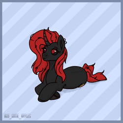 Size: 1400x1400 | Tagged: safe, artist:buy_some_apples, imported from derpibooru, oc, oc only, unicorn, blue background, curved horn, horn, lying down, simple background