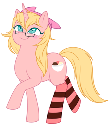 Size: 3064x3544 | Tagged: safe, artist:divabenzene, imported from derpibooru, oc, oc only, oc:mille feuille, pony, unicorn, back freckles, clothes, food, freckles, glasses, hat, ice cream, simple background, smiling, socks, solo, striped socks, white background