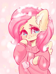 Size: 750x1000 | Tagged: safe, artist:valeria_fills, imported from derpibooru, fluttershy, pegasus, pony, blushing, clothes, digital art, female, hooves, looking at you, mare, shy, simple background, snow, solo, spread wings, sweater, wings