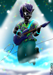Size: 905x1280 | Tagged: safe, artist:sonicsweeti, imported from derpibooru, oc, oc only, anthro, earth pony, clothes, commission, digital art, electric guitar, guitar, jumping, male, musical instrument, panties, shirt, shoes, solo, solo male, underwear
