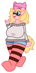 Size: 1368x2800 | Tagged: safe, artist:jario, derpibooru exclusive, imported from derpibooru, oc, oc only, oc:mille feuille, anthro, plantigrade anthro, pony, unicorn, big breasts, breasts, busty oc, chubby, clothes, digital art, freckles, glasses, hat, huge breasts, jewelry, necklace, shoulder freckles, simple background, smiling, socks, solo, striped socks, sweater, transparent background, walking