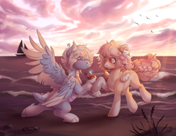 Size: 2200x1700 | Tagged: safe, artist:shady-bush, imported from derpibooru, oc, oc only, pegasus, pony, beach, female, male, mare, marriage proposal, ship, stallion