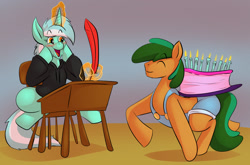 Size: 1280x845 | Tagged: safe, artist:thebigbadwolf01, imported from derpibooru, lyra heartstrings, oc, oc:coral leaf, earth pony, pony, unicorn, birthday, birthday cake, blushing, cake, candle, chair, clothes, commission, digital art, eyes closed, food, glowing horn, happy, hoodie, hooves, horn, magic, open mouth, quill, sitting, table, tail, walking, writing
