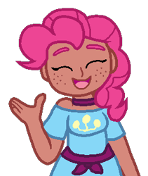 Size: 275x326 | Tagged: safe, artist:jario, derpibooru exclusive, imported from derpibooru, pinkie pie, human, clothes, digital art, eyes closed, female, freckles, humanized, simple background, smiling, solo, transparent background