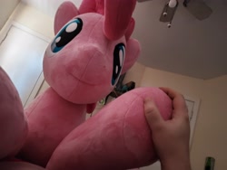Size: 4032x3024 | Tagged: safe, artist:lanacraft, imported from derpibooru, pinkie pie, earth pony, bed, bubble berry, hand, irl, male, offscreen character, photo, plushie, pov, rule 63, unprotected hoof holding