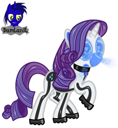 Size: 3840x4154 | Tagged: safe, artist:damlanil, imported from derpibooru, rarity, pony, unicorn, boots, clothes, collar, cutie mark accessory, cutie mark collar, female, gas mask, hazmat pony drone, heart, heart eyes, horn, latex, looking at you, mare, mask, raised hoof, rubber, rubber drone, shiny, shiny mane, shoes, show accurate, simple background, solo, transformation, transparent background, vector, wingding eyes