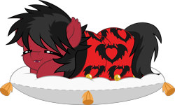 Size: 5000x3002 | Tagged: safe, artist:jhayarr23, imported from derpibooru, bat pony, pony, blanket, commission, cozy, ear fluff, eyes closed, fall out boy, fangs, happy, messy mane, messy tail, oc name needed, pete wentz, pillow, ponified, simple background, sleeping, transparent background, vector, ych result