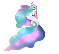 Size: 2425x2202 | Tagged: safe, artist:silverjikukiramoto, imported from derpibooru, princess celestia, alicorn, seapony (g4), clothes, colored wings, crown, deviantart watermark, ethereal mane, eyelashes, female, fin wings, fish tail, flowing mane, flowing tail, hoof shoes, horn, jewelry, obtrusive watermark, purple eyes, regalia, seaponified, seapony celestia, see-through, signature, simple background, solo, species swap, starry mane, tail, watermark, wings
