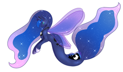 Size: 1731x1017 | Tagged: safe, artist:silverjikukiramoto, imported from derpibooru, princess luna, alicorn, seapony (g4), clothes, colored wings, crown, deviantart watermark, ethereal mane, eyelashes, female, fin wings, fish tail, flowing mane, flowing tail, hoof shoes, horn, jewelry, obtrusive watermark, regalia, seaponified, seapony luna, see-through, signature, simple background, solo, species swap, starry mane, tail, watermark, wings