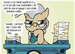 Size: 500x360 | Tagged: safe, artist:owlor, imported from derpibooru, mayor mare, earth pony, pony, desk, dialogue, female, from the desk of mayor mare, glasses, paper, solo