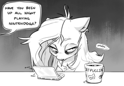 Size: 2715x1896 | Tagged: safe, artist:bunchedupletters, imported from derpibooru, fluttershy, pegasus, pony, bags under eyes, bed hair, blatant lies, coffee, coffee cup, cup, digital art, monochrome, mouth hold, nintendo ds, nintendogs, offscreen character, playing, solo focus, speech bubble, stylus, table, text, tired, video game