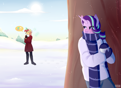 Size: 3000x2176 | Tagged: safe, artist:tsetsera, imported from derpibooru, starlight glimmer, sunset shimmer, anthro, unicorn, blushing, boots, clothes, coat, duo, female, gloves, glowing horn, hiding, horn, levitation, magic, pants, question mark, scarf, shoes, snow, snowball, snowball fight, sweater, telekinesis, tree