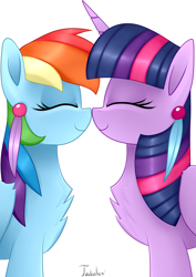Size: 2480x3507 | Tagged: safe, artist:twidasher, imported from derpibooru, rainbow dash, twilight sparkle, alicorn, pegasus, pony, boop, chest fluff, eyes closed, feather, female, lesbian, noseboop, shipping, signature, simple background, twidash, twilight sparkle (alicorn), white background