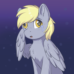 Size: 2048x2048 | Tagged: safe, artist:dbleki, imported from derpibooru, derpy hooves, pegasus, pony, chest fluff, crying, female, gradient background, mare, sad, solo, wiping tears