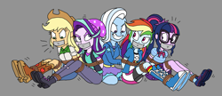 Size: 2314x996 | Tagged: safe, artist:bugssonicx, imported from derpibooru, applejack, rainbow dash, sci-twi, starlight glimmer, trixie, twilight sparkle, equestria girls, arm behind back, bondage, bound and gagged, gag, rope, rope bondage, tape, tape gag, tied up, tying